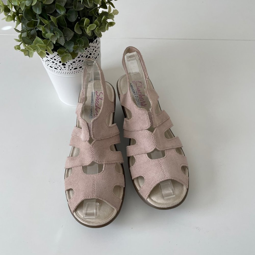 Skechers Suede Peep Toe Blush Pink Sling Back Sandal Wedges Memory Foam - Picture 13 of 14